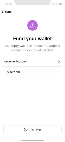 Screen with receive and buy bitcoin options for funding the wallet
