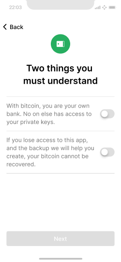 Screen with two options for the user to confirm about controlling the wallets private keys