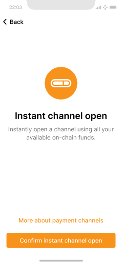 Screen showing info about instantly opening a channel.