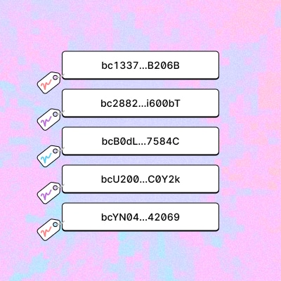 A list of addresses with tags. Two are red, two are purple and one is blue