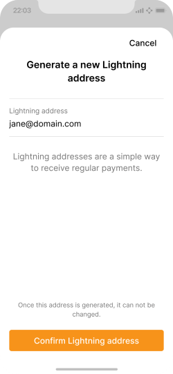 Screen showing generation of a Lightning address.