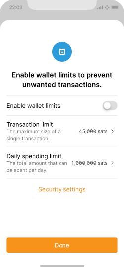 Screen recommending user to enable wallet spend limits