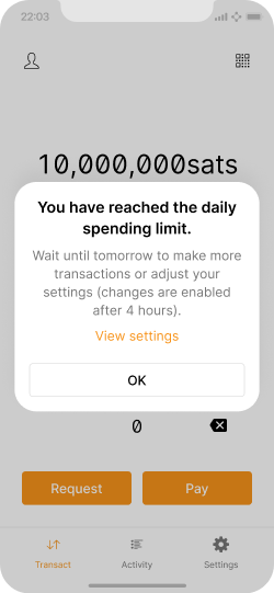 Wallet home screen with an overlay explaining that the daily spending limit was reached