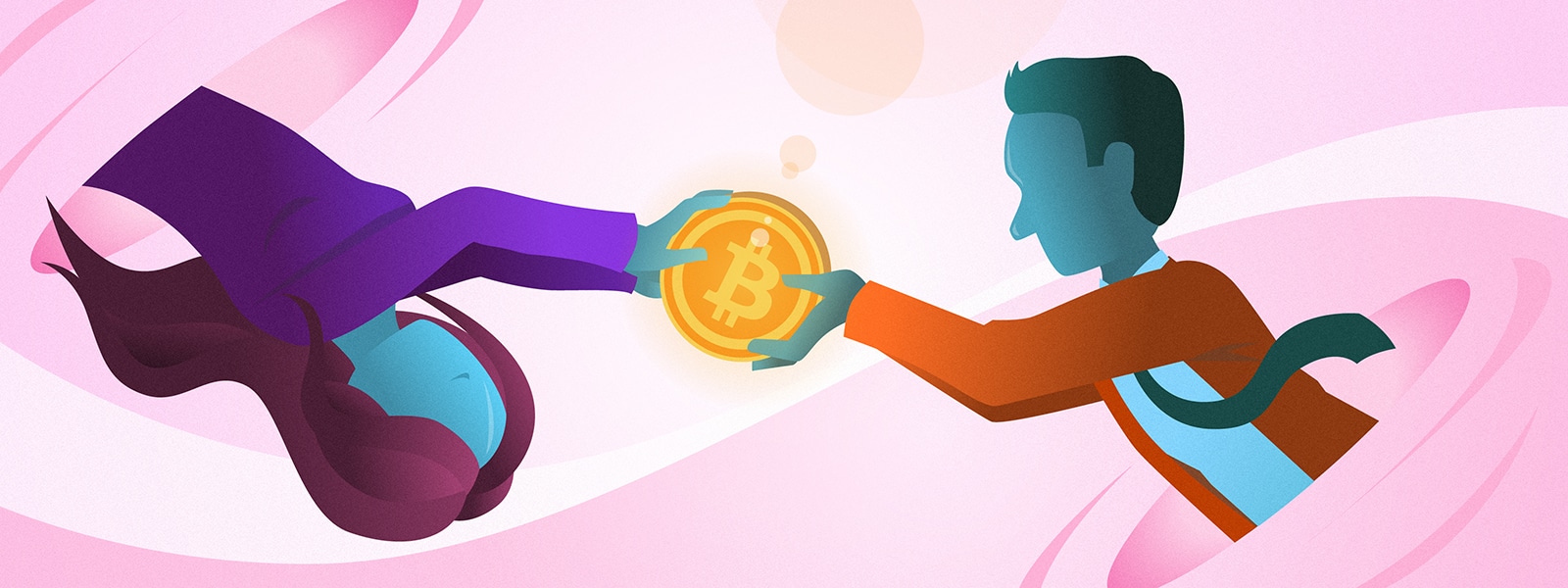 Illustration of a man and woman exchanging a bitcoin