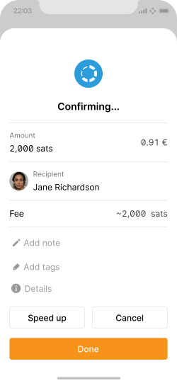 Payment screen showing showing pending status for an on-chain transaction