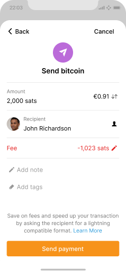 Payment review screen for a higher-fee, on-chain payment