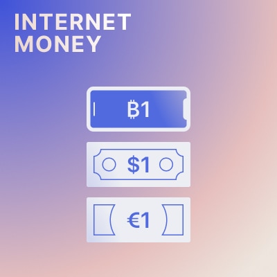 Illustration of a dollar bill, a euro bill and a smartphone showing a one bitcoin balance