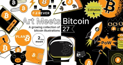 Collage of bitcoin related illustration elements